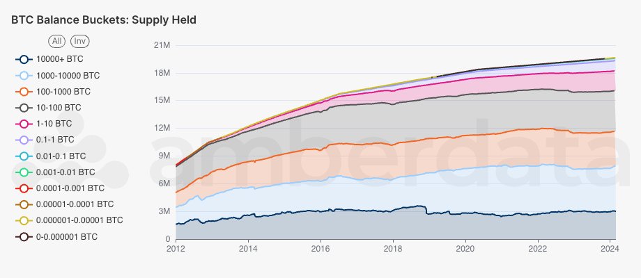 AmberLens Bitcoin address balance buckets for the total supply of BTC held in each bucket